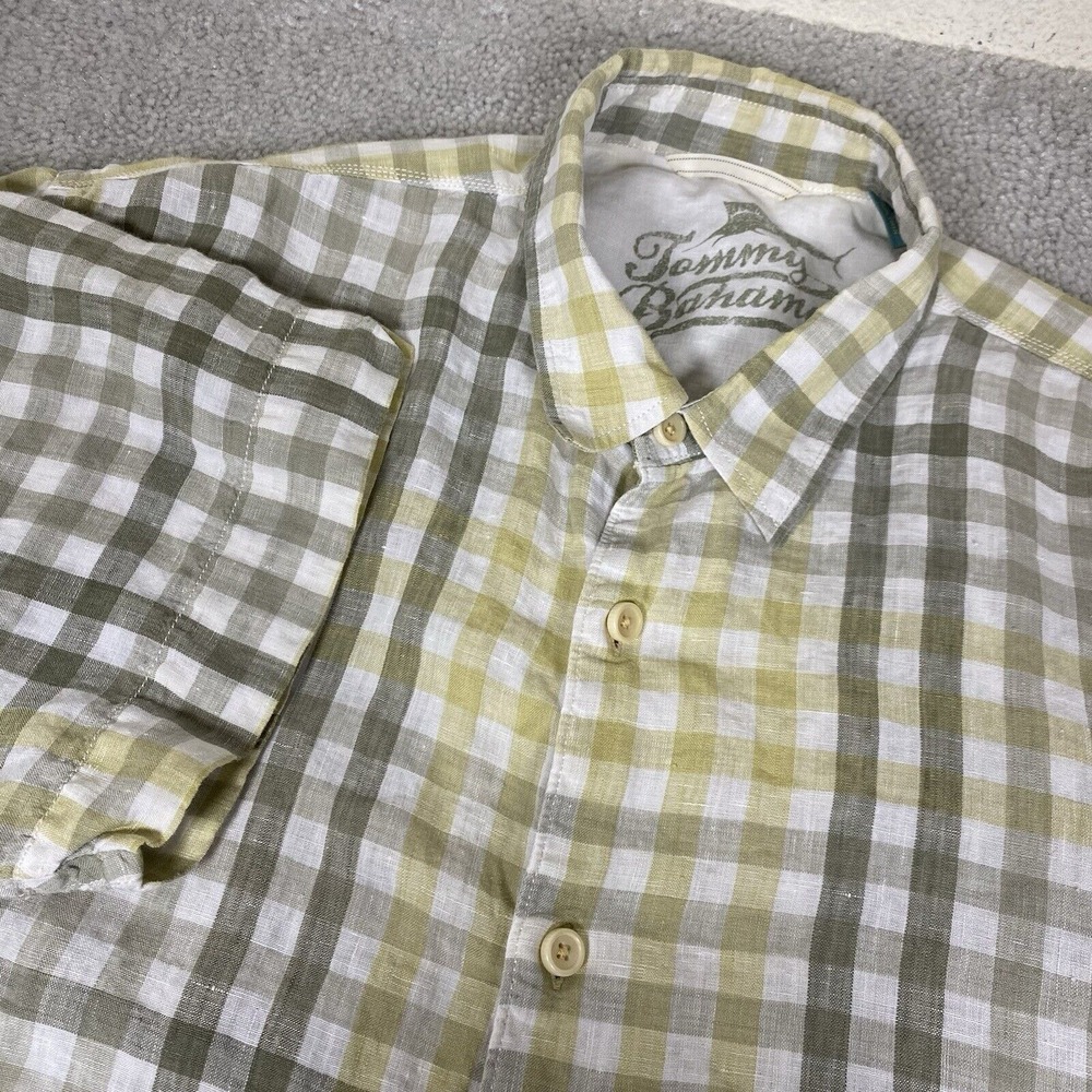 Tommy Bahama Button Up Shirt Men XL Yellow Blue Plaid Linen Casual Short‎ Sleeve